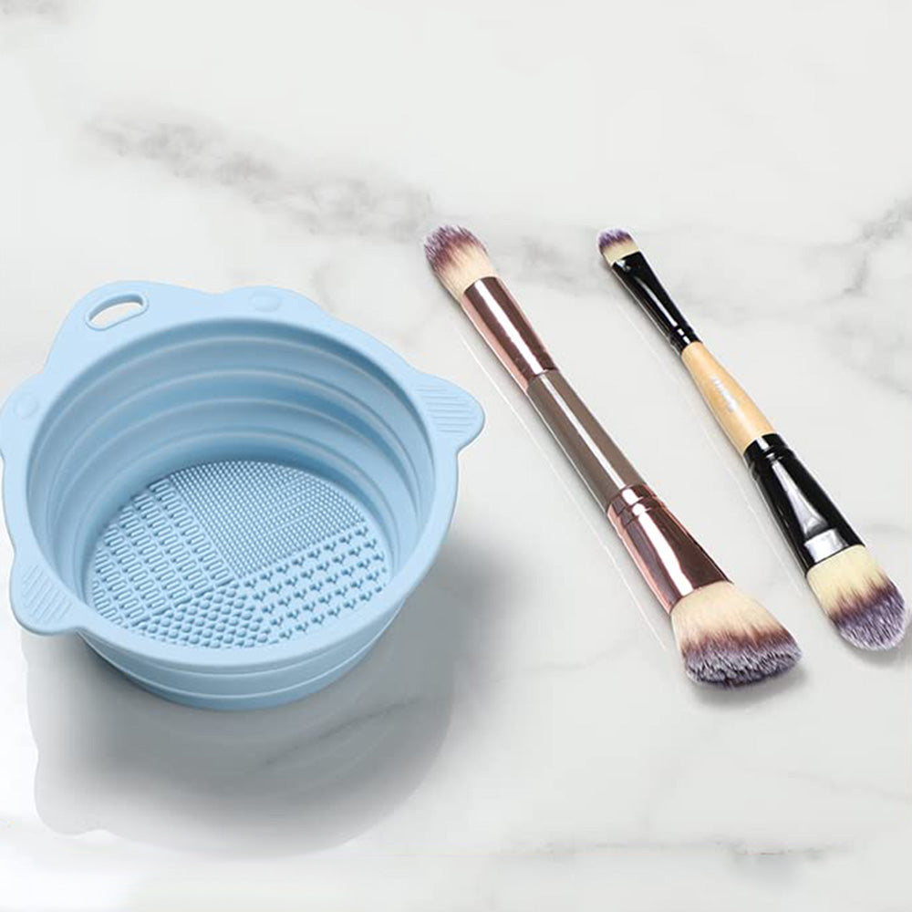 2Pcs Foldable Makeup Brush Cleaner Bowl Portable Silicone Cleaning Tool for Cosmetic Brushes Powder Puffs Sponges Blue