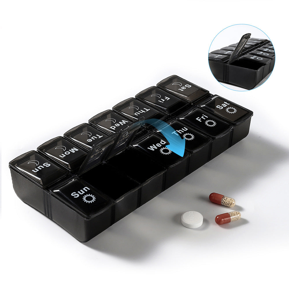 Pill Box Organiser 7-Day Weekly for AM PM Day Night Pill Case with 14 Compartments Black