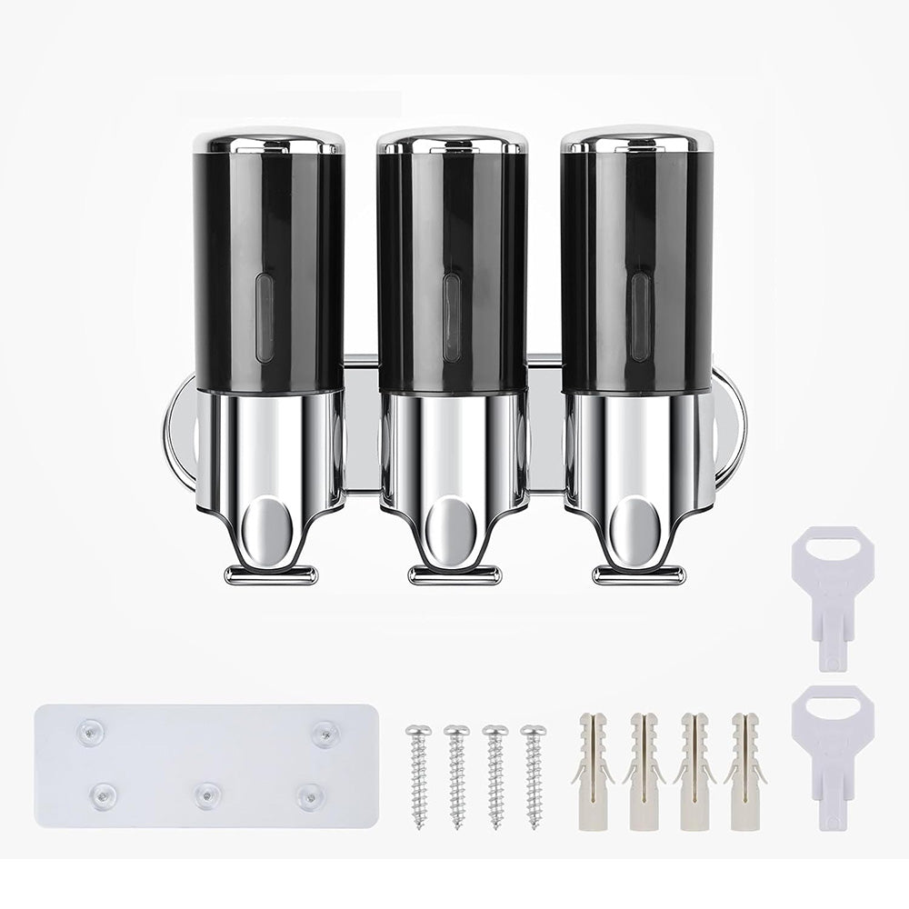 3-Chamber Shower Soap Dispenser Wall-Mounted Shampoo and Conditioner Dispenser with Visible Window Black
