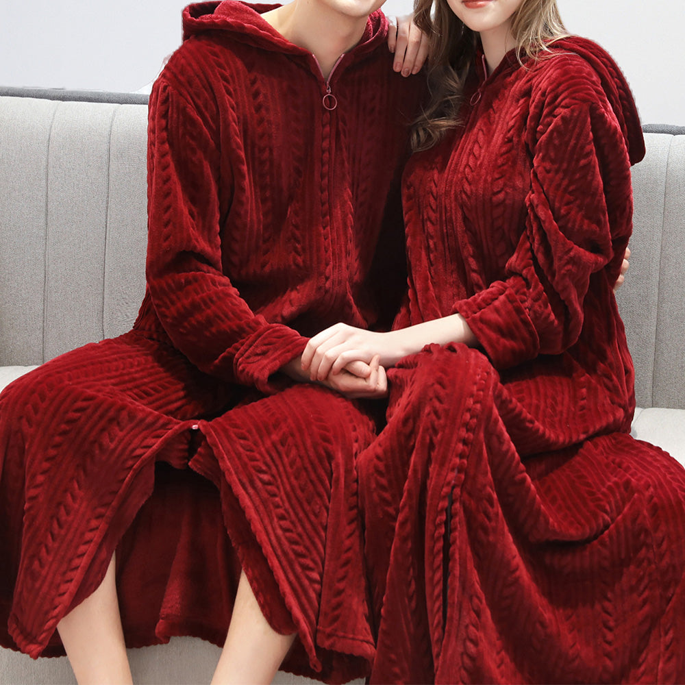 Unisex Bathrobe Fleece Robes Winter Warm Nightgown Sleepwear Pyjamas-Wine Red