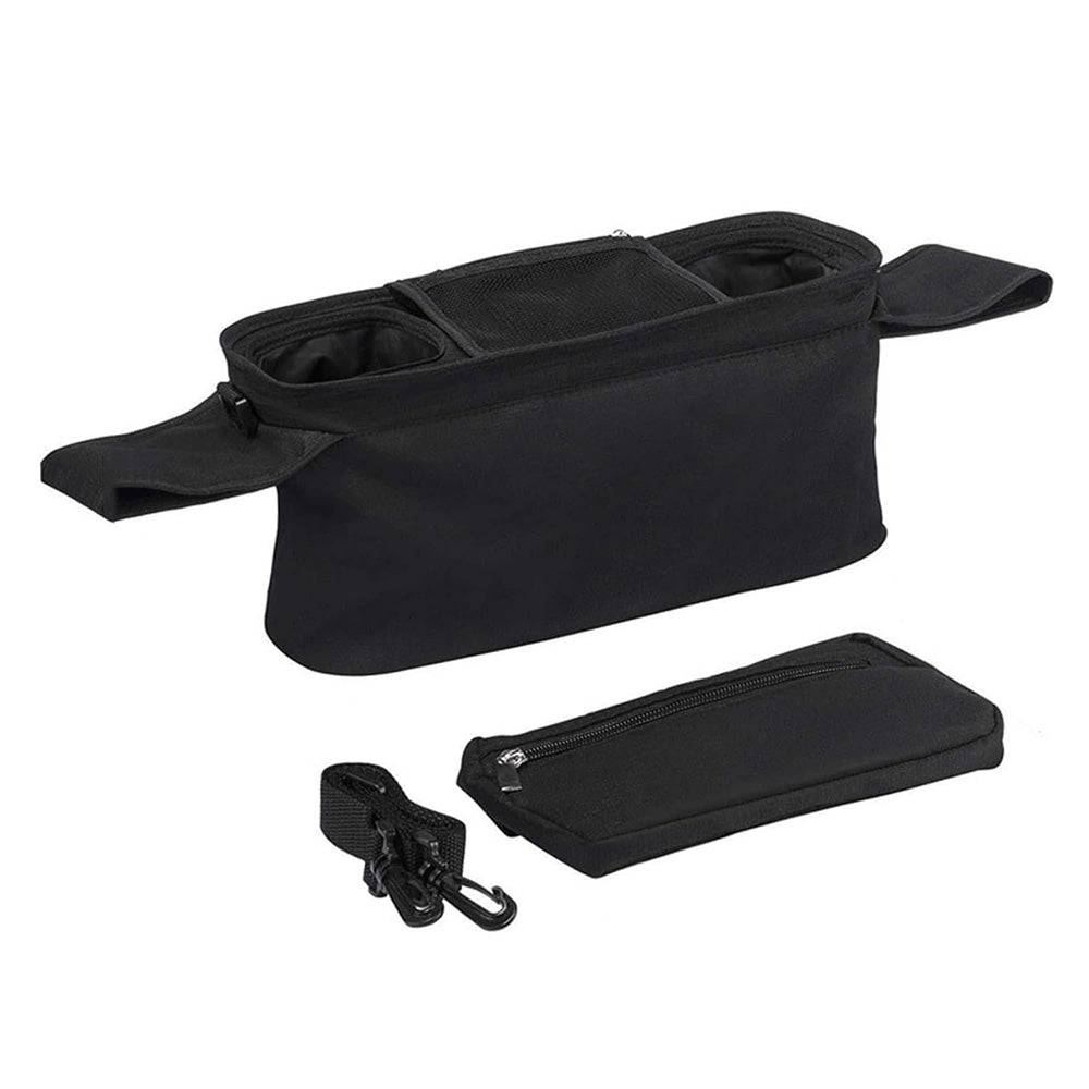 Universal Stroller Organizer with Cup Holder Travel Essential Caddy with Shoulder Strap Black