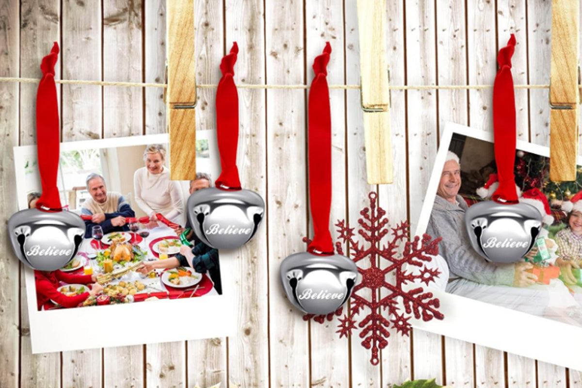 20Pcs Christmas Believe Bell Ornaments Silver Santa Sleigh Bell