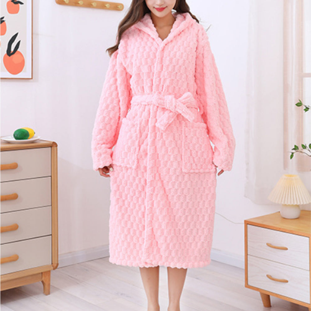 Women Bathrobe Long Winter Warm Wearable Bathrobe Pink