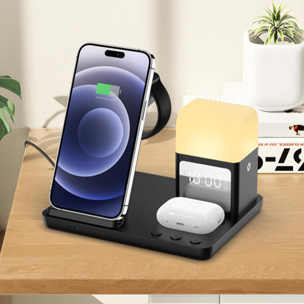Wireless Charging Station with Alarm Clock Night Light 6-in-1 Charging Dock for Smartphone/Watch/Earbuds