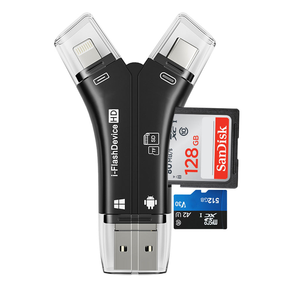 4-in-1 Multi-Port Memory Card Reader �USB, USB-C, Micro USB, SD/TF Card Slots and iOS Charging Port Adapter
