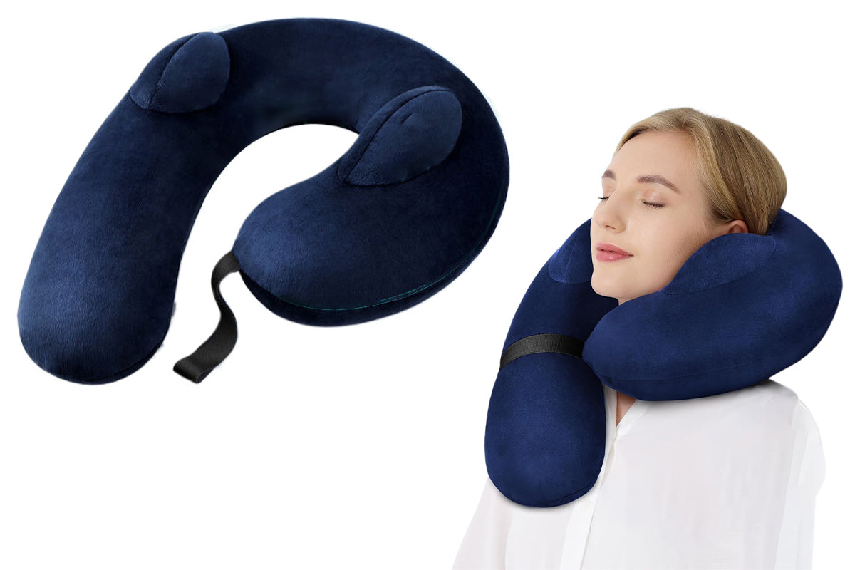 Inflatable Travel Neck Pillow for Airplane Sleeping Air Pillow Supports Head Neck Chin -Navy