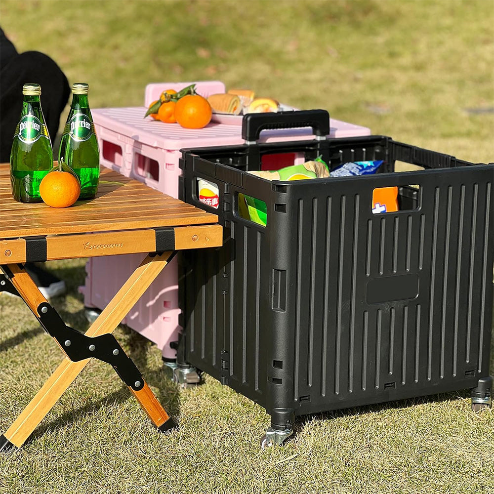 65L Folding Utility Cart Portable Rolling Crate Handcart Shopping Trolley with Lid Black
