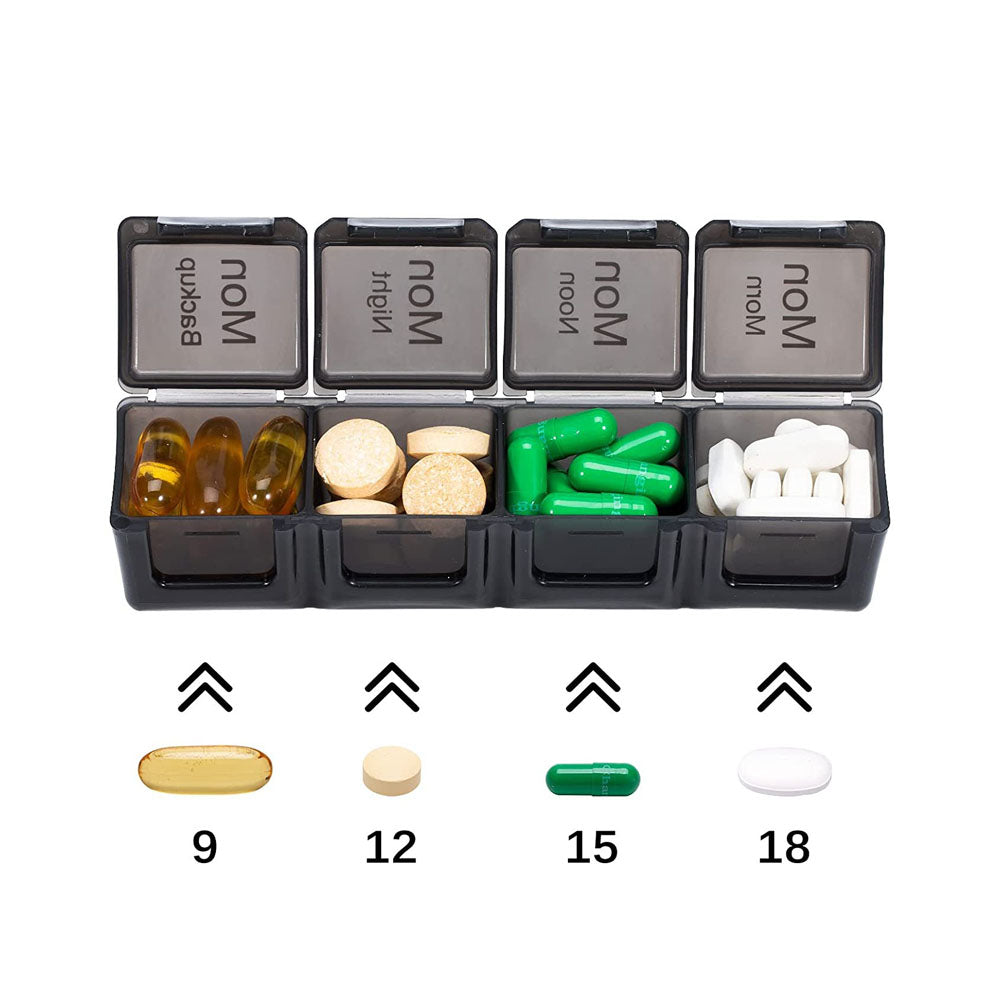 7-Day 28 Compartments Pill Box Medicine Organiser with Snap Lids for Vitamin Fish Oil Medicine Black