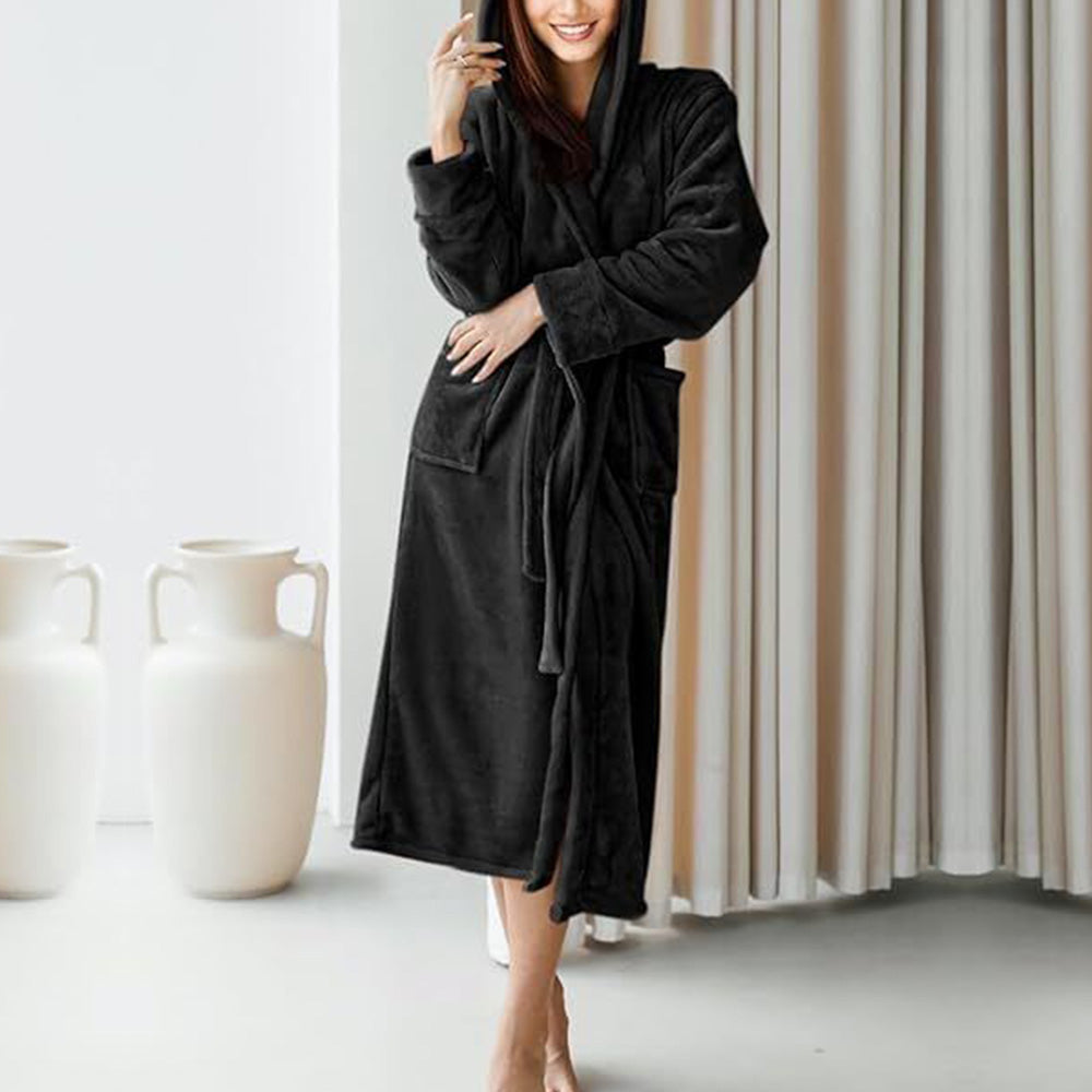 Warm Hooded Bathrobe Long Cozy Spa Hoodie Robes for Ladies Black
