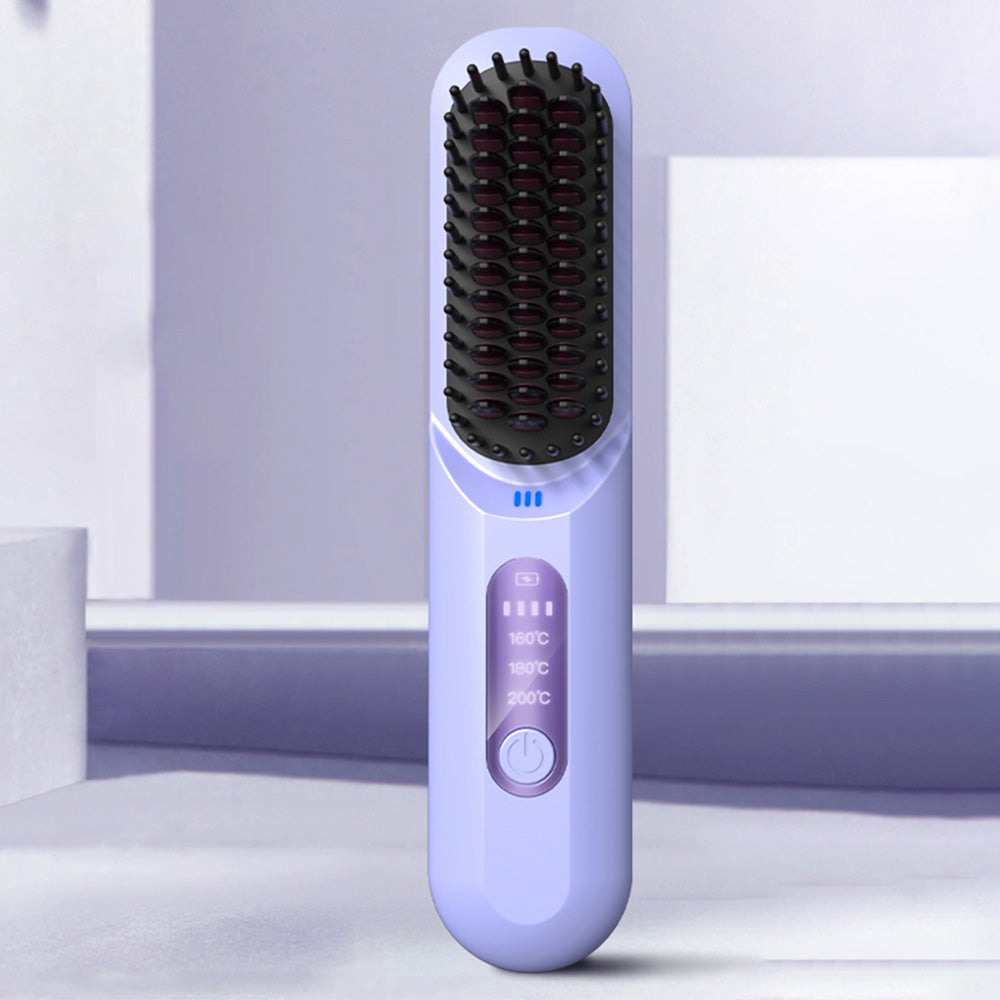 Cordless Hair Straightener Brush Mini Anion Hot Straightener Comb with LED Display Purple