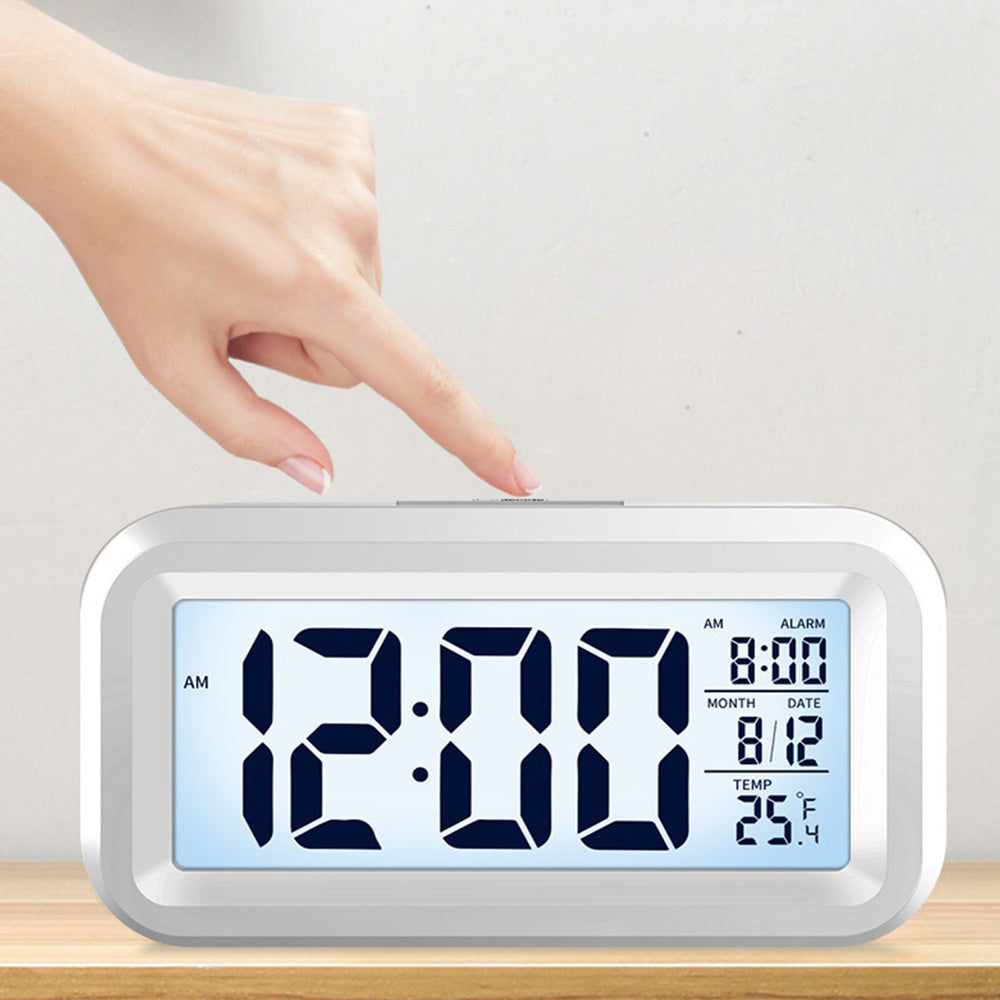 Digital Alarm Clock Battery Operated Desk Smart Clock with Night Light/Indoor Temperature White