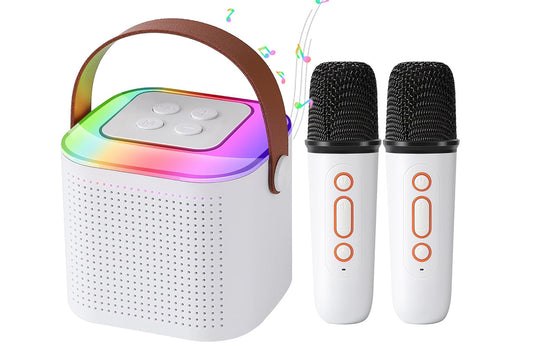Bluetooth Mini Karaoke Machine Karaoke Speaker with 2 Wireless Microphones and Party Lights for Family Birthday Gifts -White