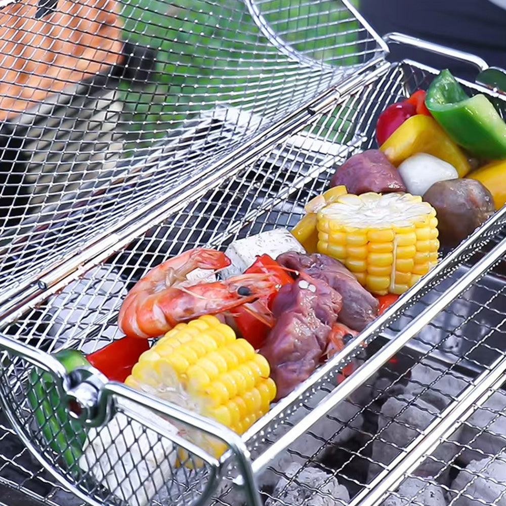 Rotating Stainless Steel BBQ Grill Basket with Stand and Handle
