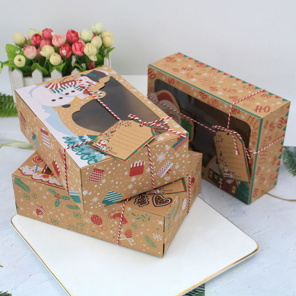 12Pcs Set Christmas Cookie Boxes with Clear Window Kraft Paper Candy Boxes