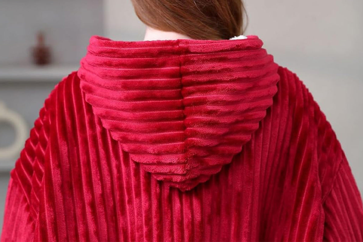 Wearable Blanket Sweatshirt for Women and Men Thick Flannel Hooded Sweatshirt Loungewear -Wine Red