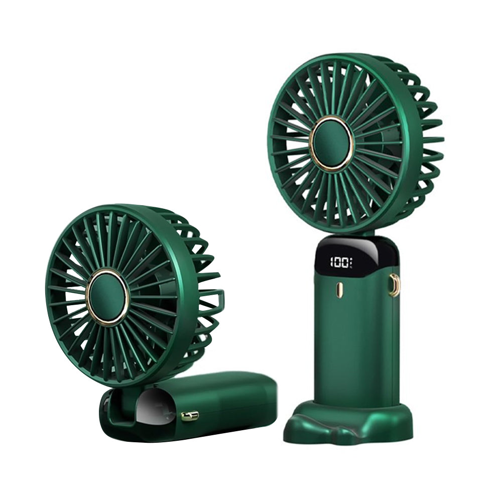 3-in-1 5 Speed USB Handheld Fan Mini Folding Digital Display Fan with Lanyard and Base Green