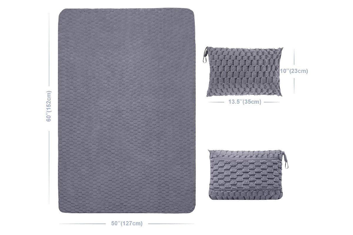 2 in 1 Jacquard Travel Pillow and Blanket Set Packable Travel Blanket for Airplane Car -Grey