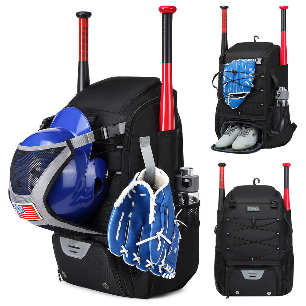 Large Capacity Baseball Bag Softball Bat Bag with Shoe Compartment Black