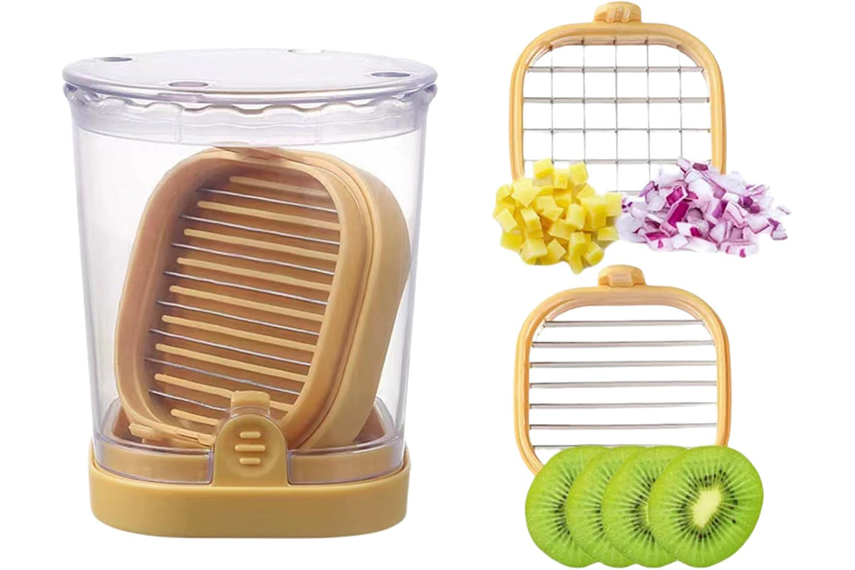 2-in-1 Kitchen Fruit Slicer Cup with Removable Blade and Push Plate for Strawberry Banana -Yellow