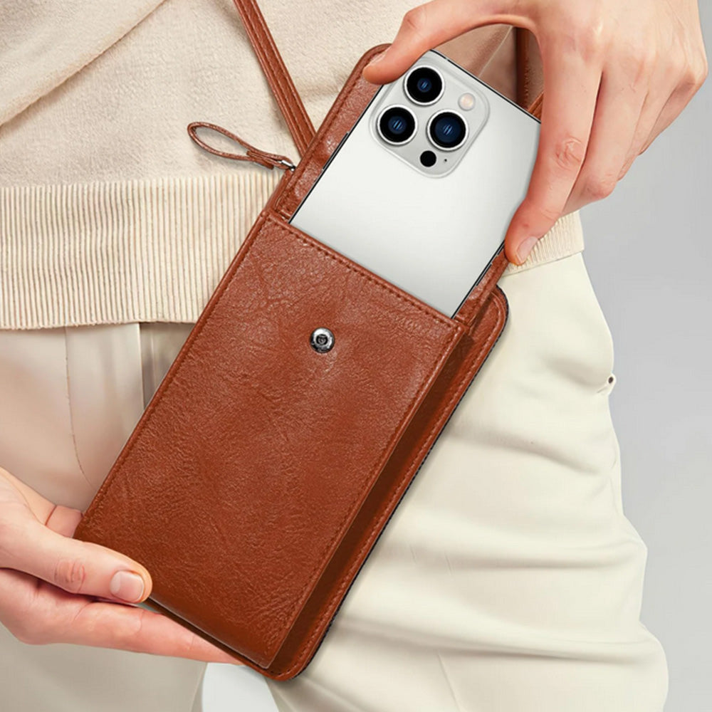 PU Leather Women Pouch Bag Mobile Phone Bag Crossbody Purse Wallet Shoulder Bag-Brown