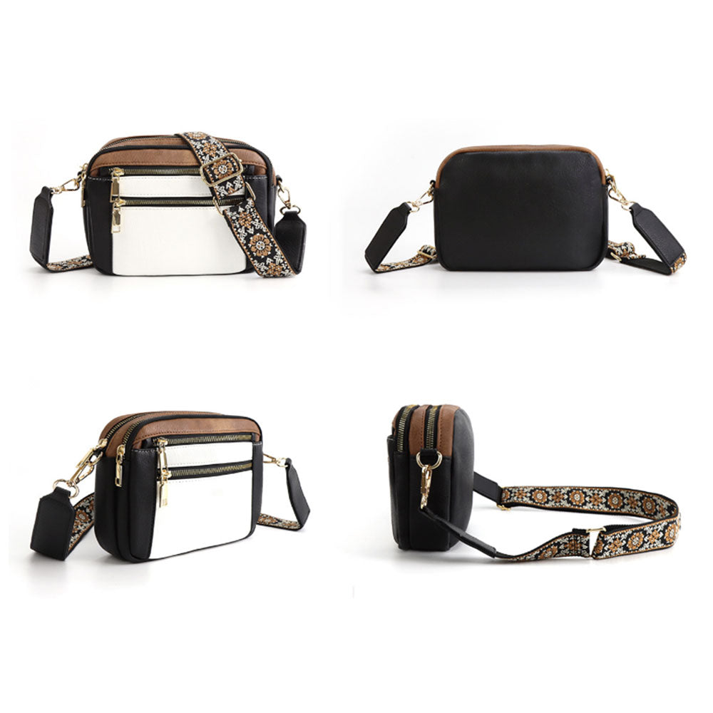 Color-Block Small Crossbody Bags for Women PU Leather Shoulder Handbag Purse with Adjustable Wide Strap Black
