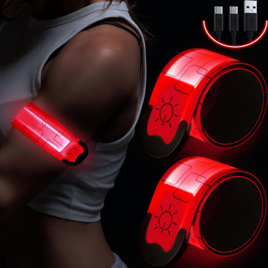 2Pcs Rechargeable  Glowing Bracelet LED Slap Wristband Night Running Security Armband Strap Red