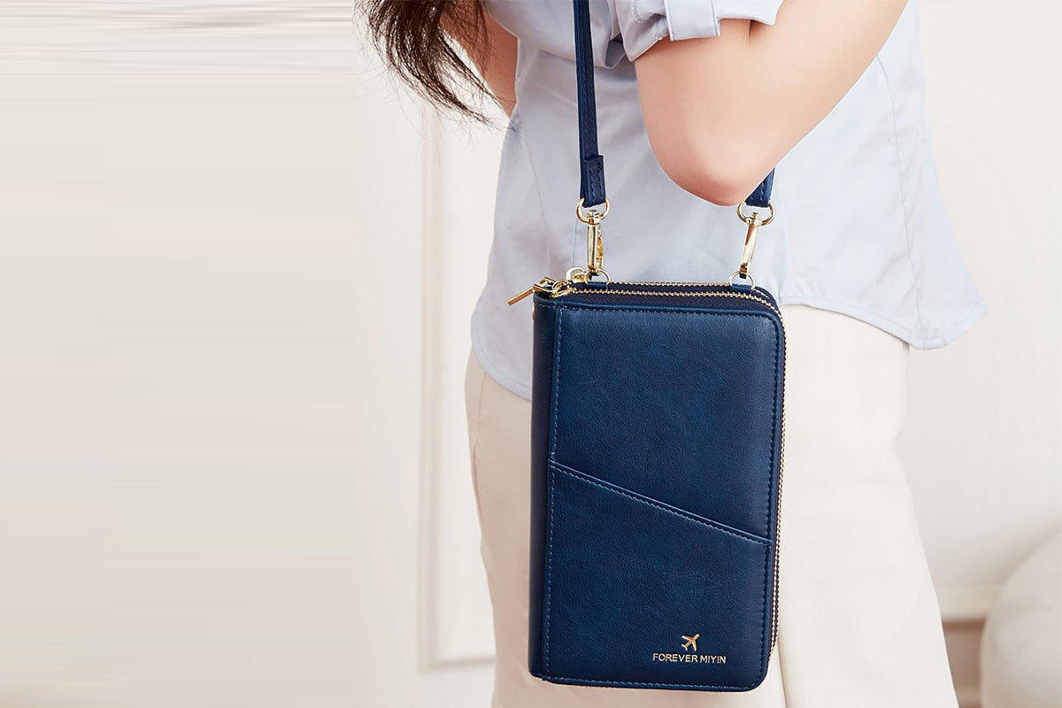 RFID Blocking Passport Wallet PU Document Organizer with Wristlet for Women -Blue