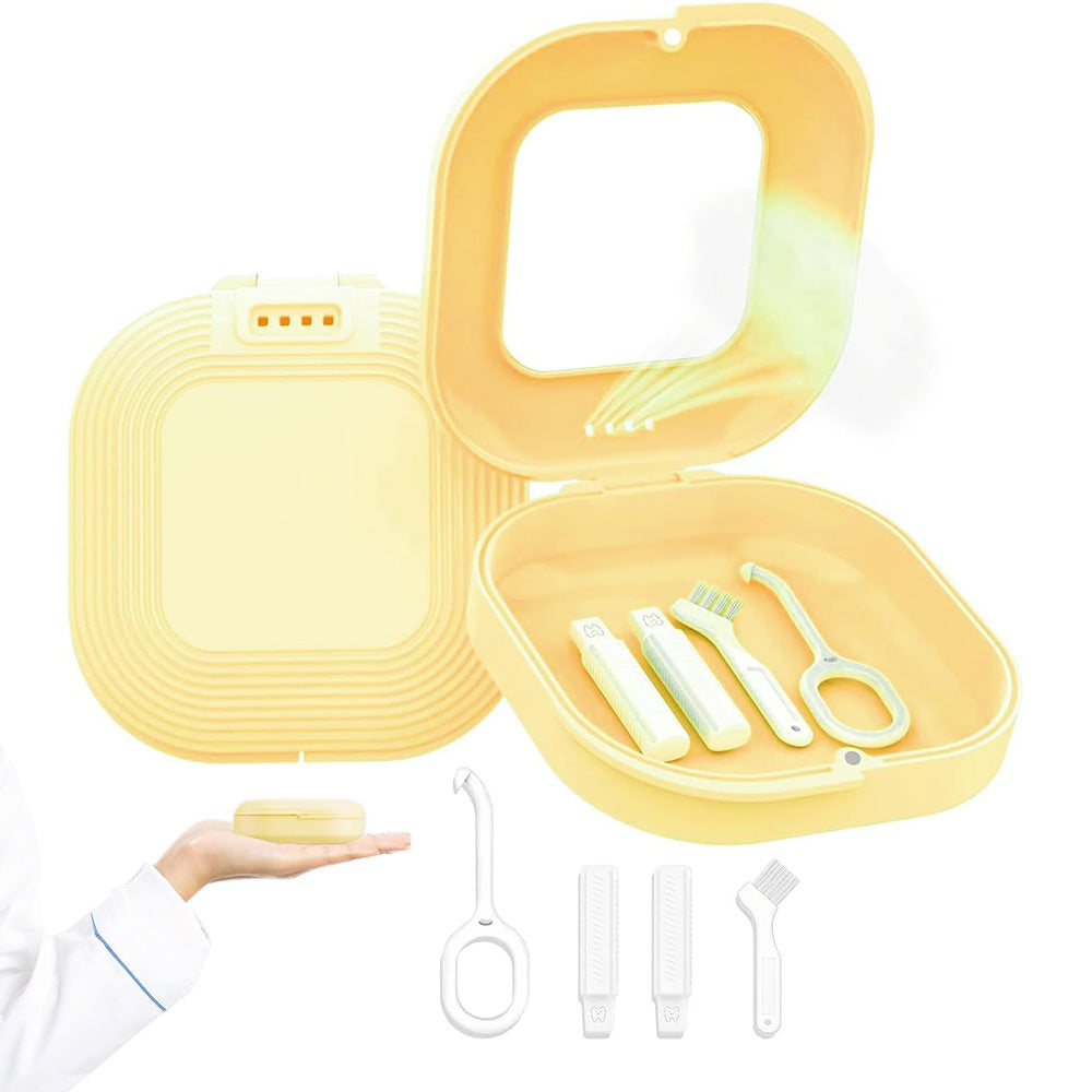 Retainer Case with Mirror and Retainer Removal Tool Mouth Guard Storage Box-Yellow