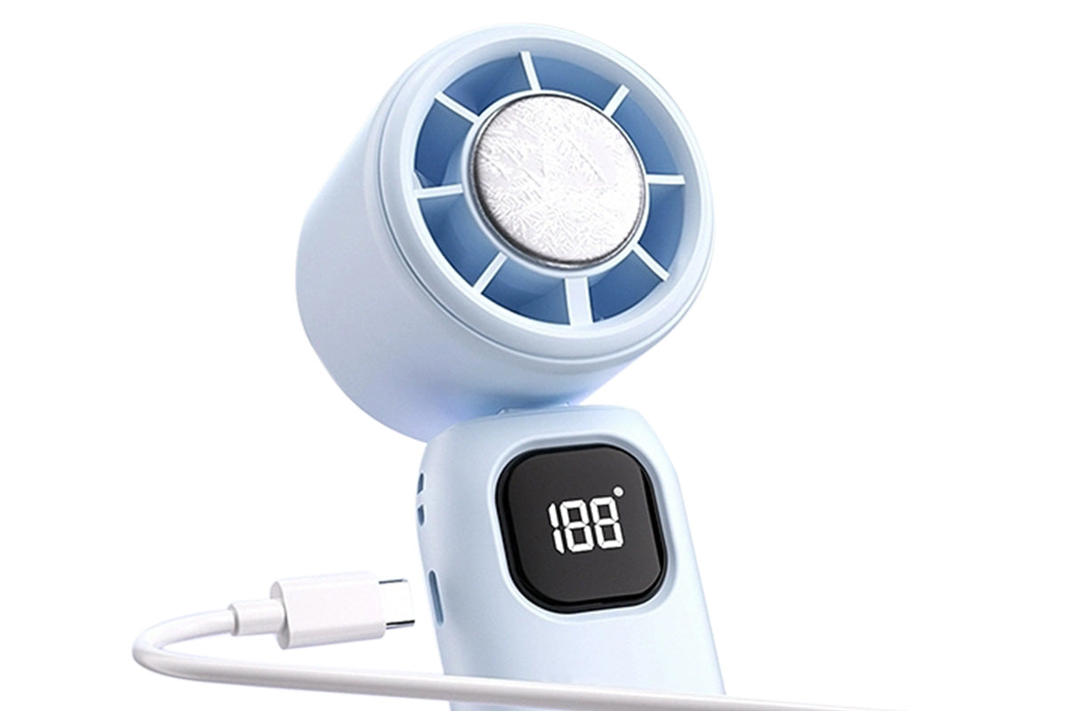 100 Speeds Digital Display Cooling Fan USB Fan with Lanyard and Phone Holder Base-Blue