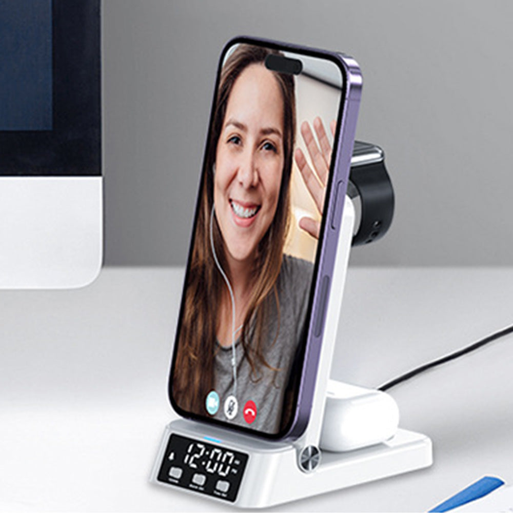 3-in-1 Wireless Charging Station with Digital Alarm Clock Fast Charging Dock for Samsung White