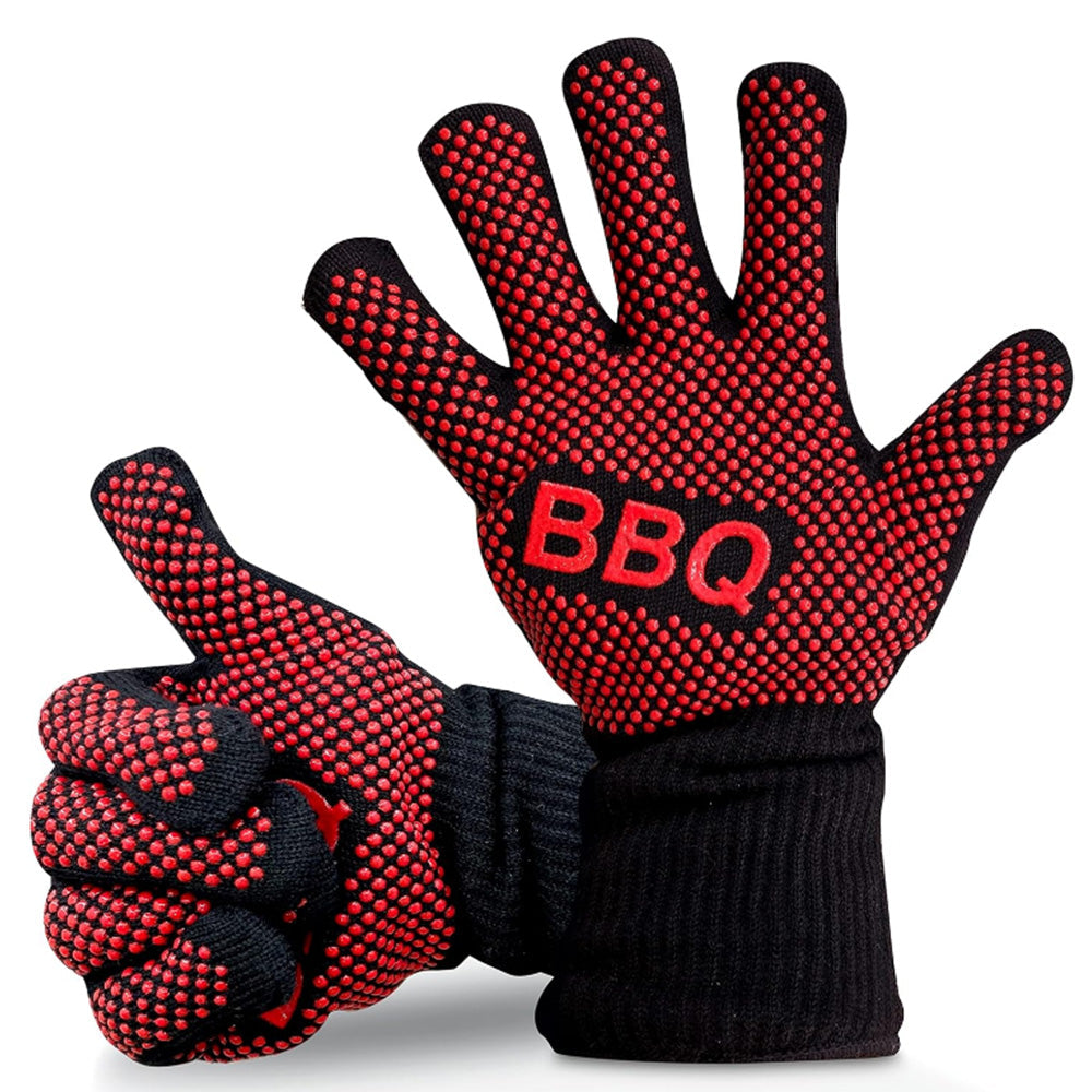 Pair of Heat Resistant Oven Gloves Non-Slip Grill Mittens for Cooking  Barbecuing Baking Red