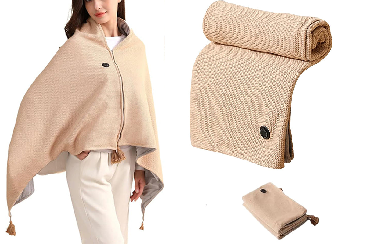 Portable Heated Shawl Wraps with Zipper 15s Fast Heating USB Heated Blanket for Women -Khaki