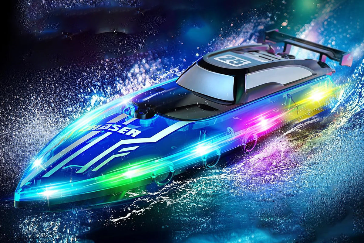 RC Boat for Little Ones with LED Lights 2.4Ghz Remote Control Racing Boats for Ages 6-Blue