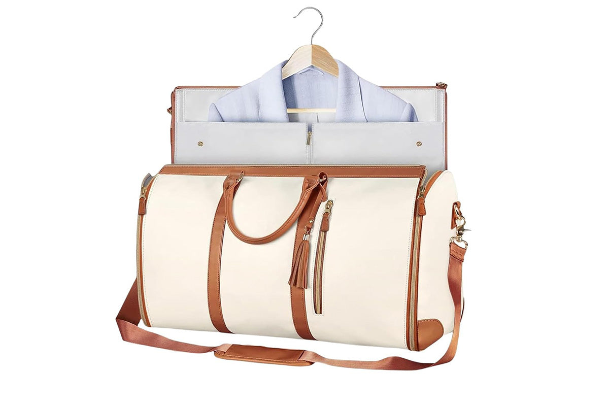 Water-Resistant Garment Duffle Bag Duffle Bag PU Leather Travel Bag -Beige