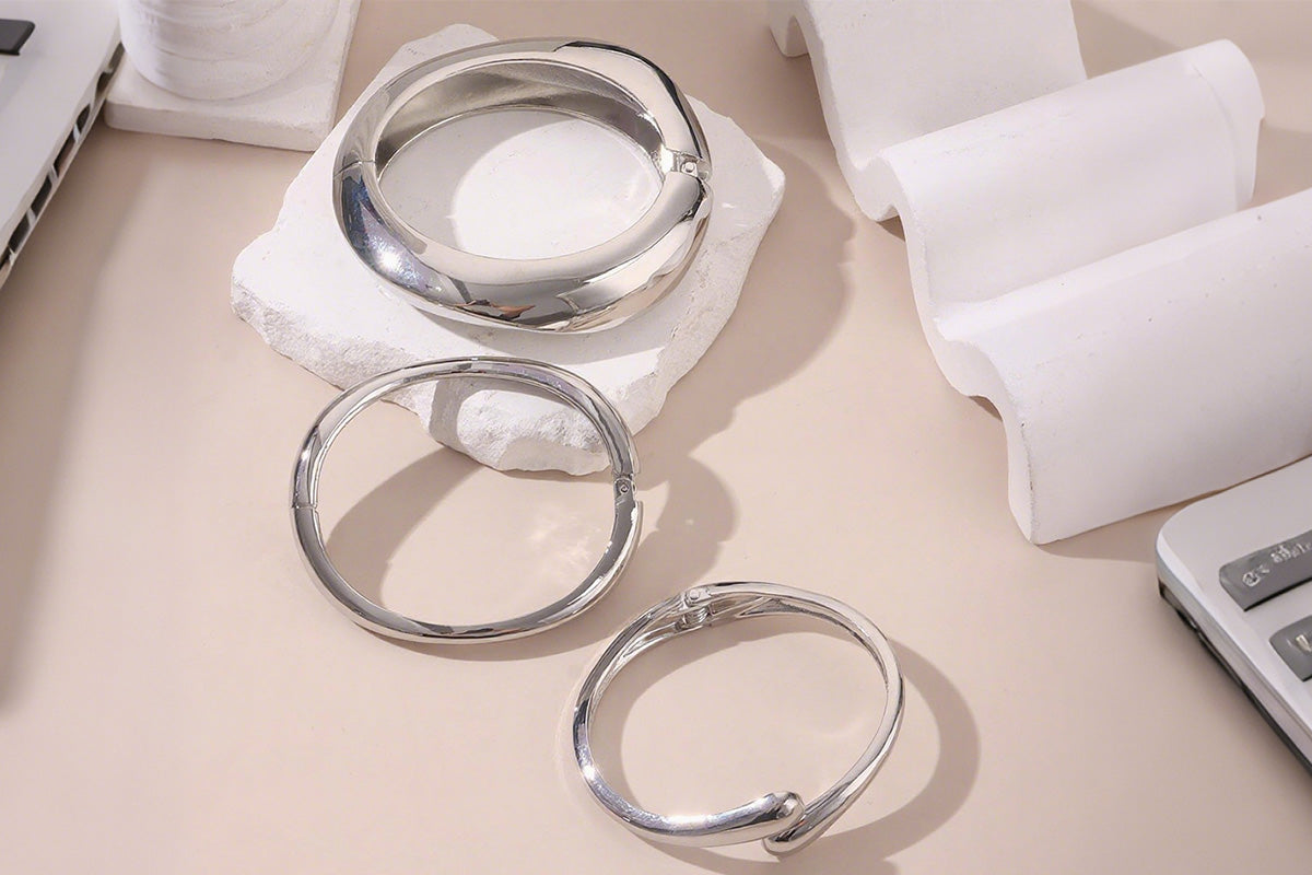 3Pcs Chunky Gold Bangle Bracelets Wide Wrist Cuff Stackable Jewelry Gift-Silver