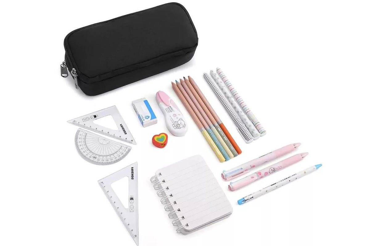 Large Capacity Pencil Case Pen Bag Organizer School Office Cosmetic Stationery Storage -Black