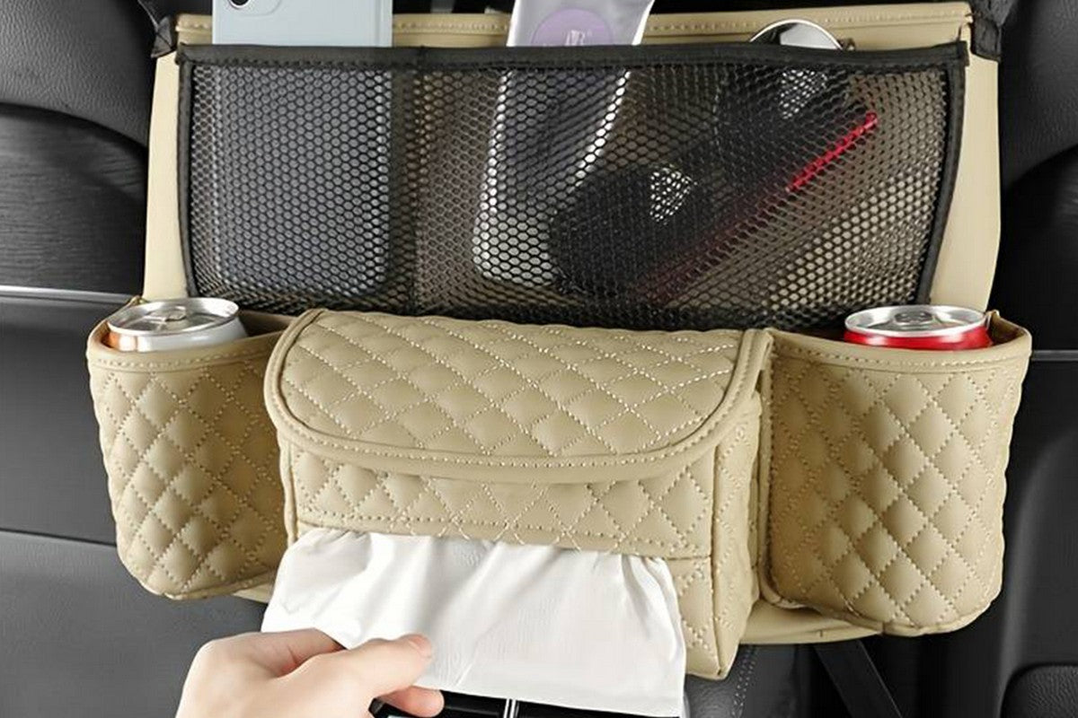 Car Handbag Holder Net Pocket Organizer For Handbag Storage Between Seats-Beige