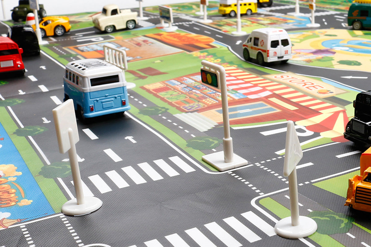 58Pcs Floor Play Mat Rug Traffic Road Signs Car Track City Carpet Toy with 10 Trees
