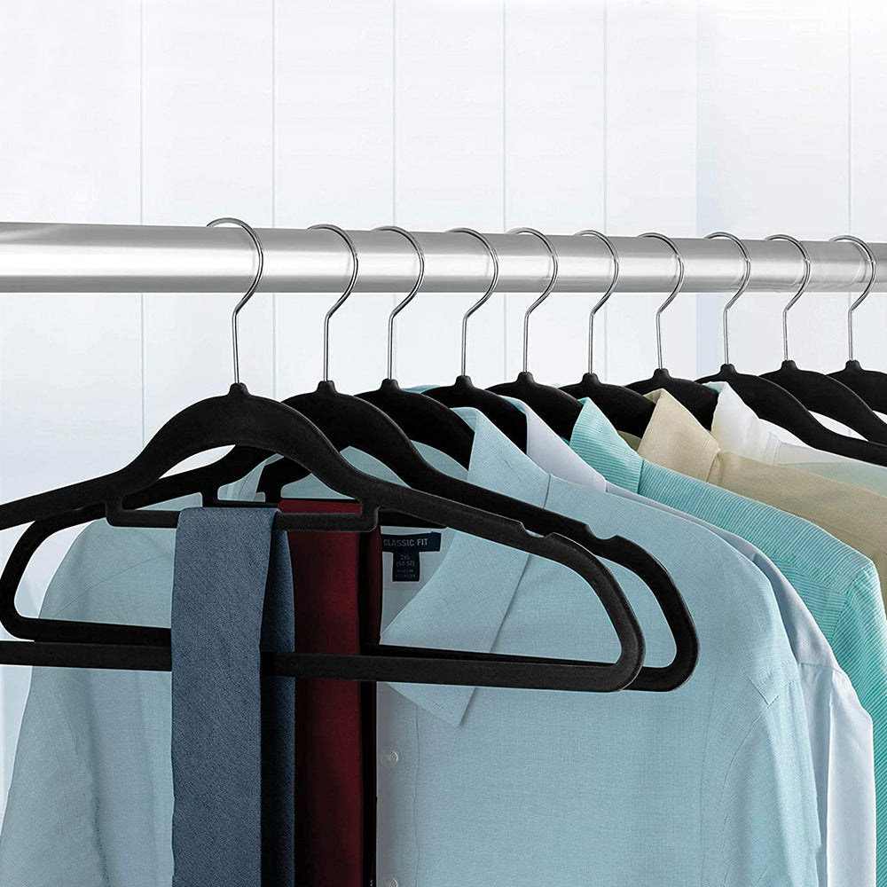 10Pcs Flocked Clothes Hanger Anti-Slip Hanger with 360 Degrees Swivel Hook for Suits Dresses Shirts Black