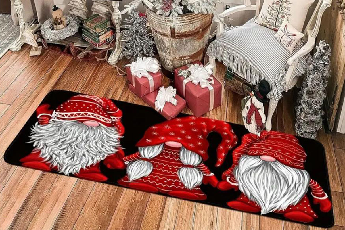 2Pcs Set Christmas Gnome Kitchen Rugs and Mats Non Slip Christmas Faceless Gnome Floor Mat for Bedroom Bathroom