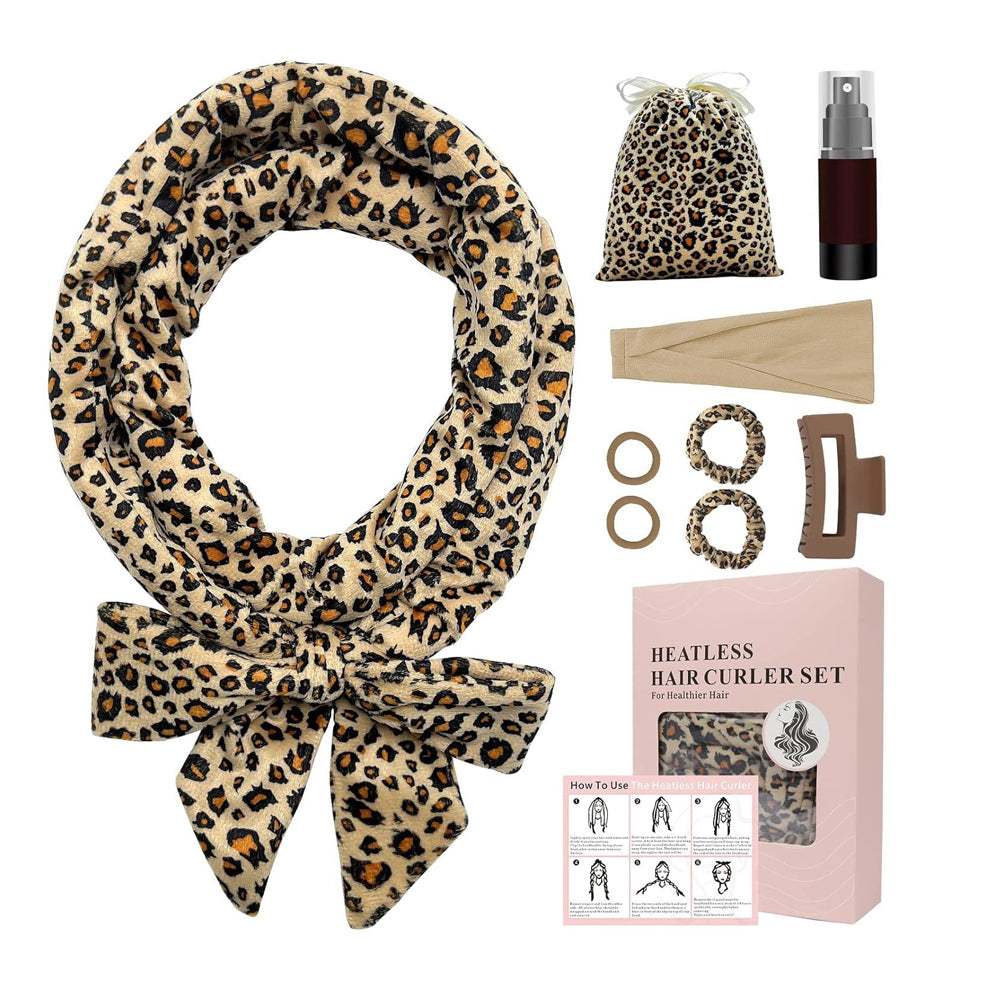 Heatless Curling Rod Headband Set Lazy No Heat Overnight Hair Curler Headband Ties for Women Girls Leopard Print
