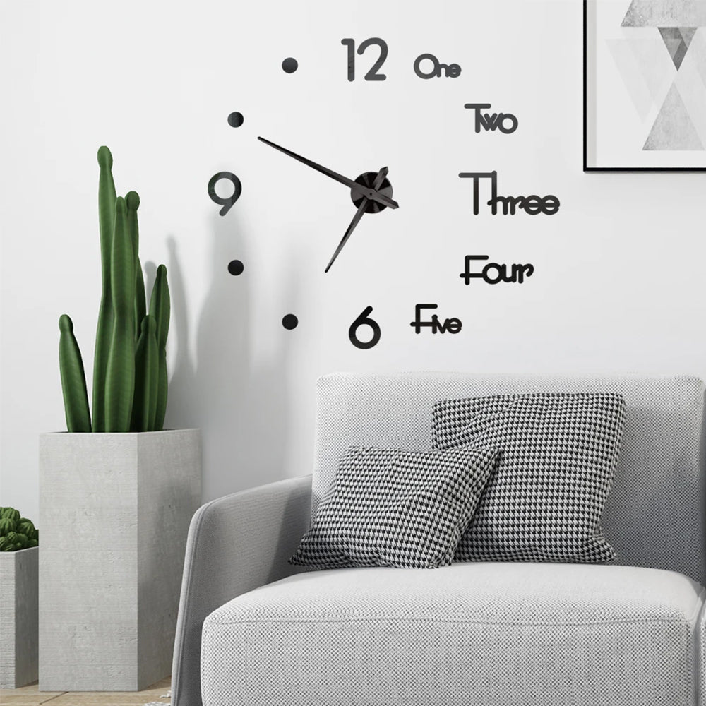 3D Wall Clock Acrylic Modern Mirror Surface DIY Clock Home Office Decor Black