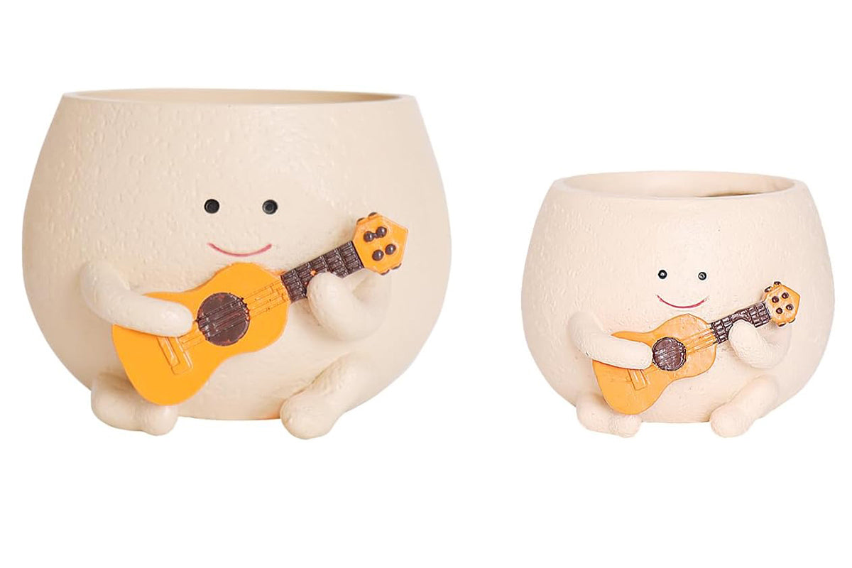 2Pcs Smily Face Planter Pot with Drainage Hole Cute Resin Head Planters Unique Guitar Succulent Pots for Indoor Outdoor Plants Gift-Each of Size