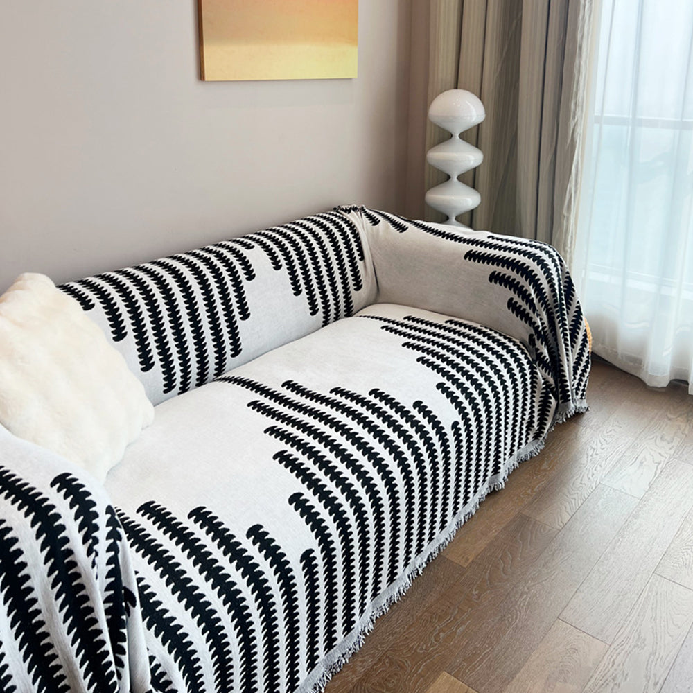 Reversible Sofa Couch Cover Boho Chenille Blanket Black