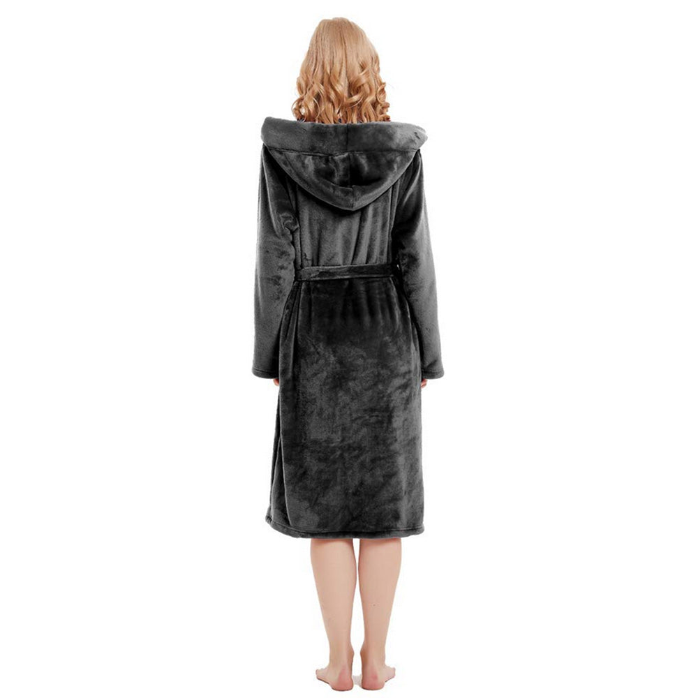 Warm Hooded Bathrobe Long Cozy Spa Hoodie Robes for Ladies Black