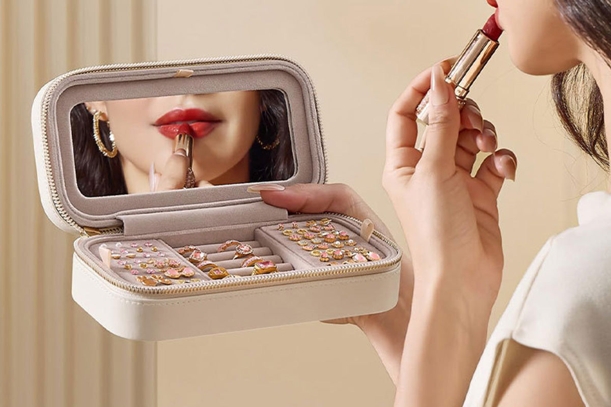 2Pcs Travel Jewelry Case Jewelry Box Organizer With Mirror Display Case Storage-Each of Color