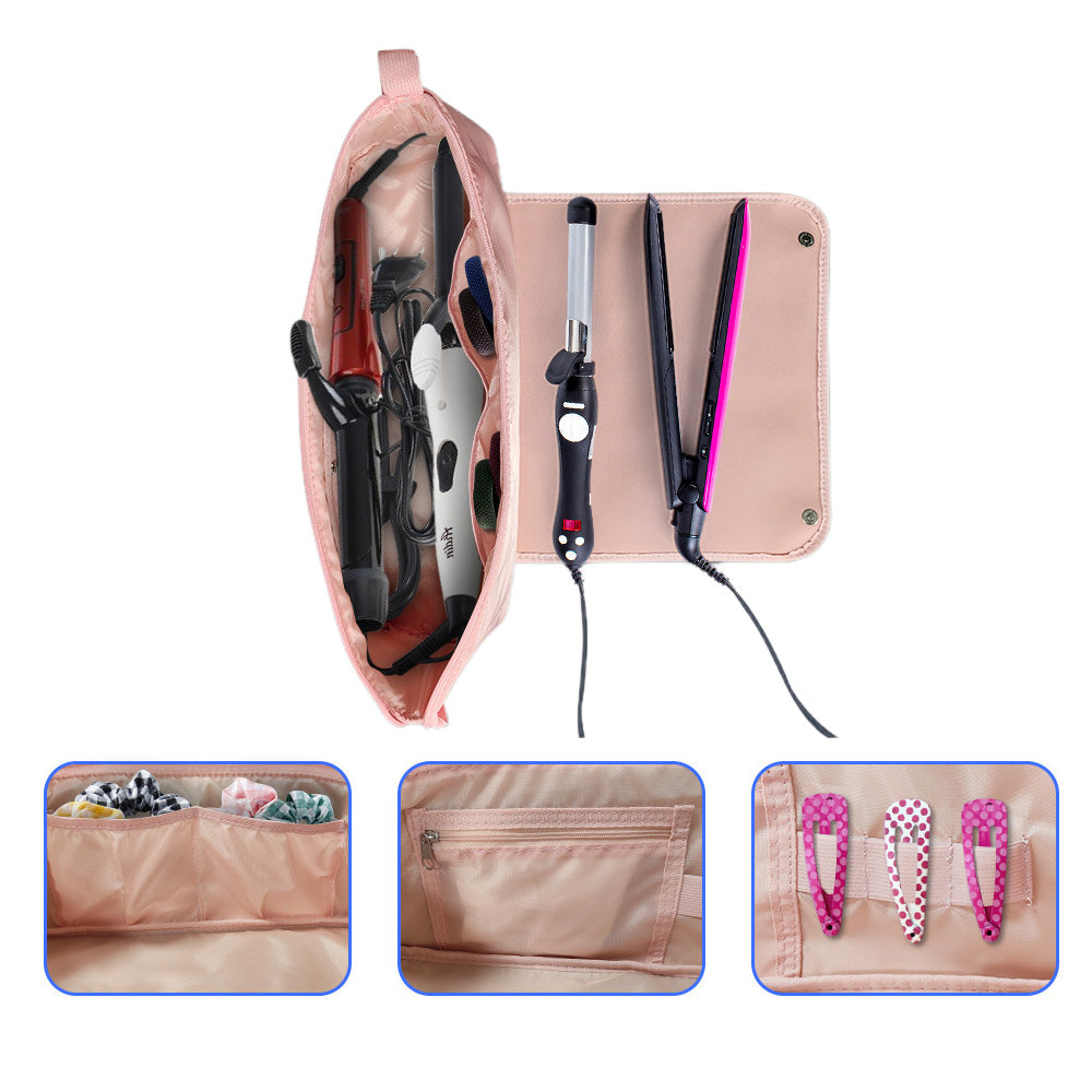 Portable Hair Tools Organizer Travel Bag withHeat Resistant Mat for Flat Irons Hair Straighteners Pink