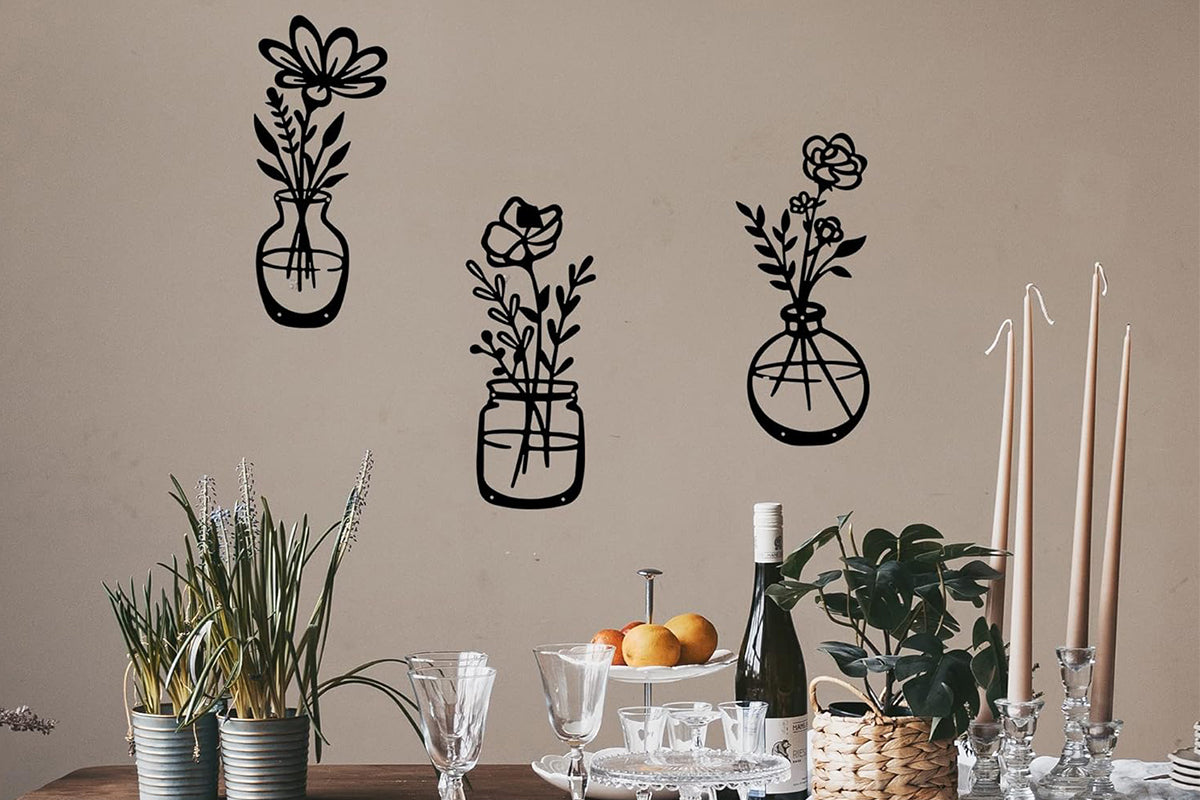 3Pcs Metal Flowers Wall Art Wall Decor Sculptures Hanging for Kitchen Living Room -Black Flowers