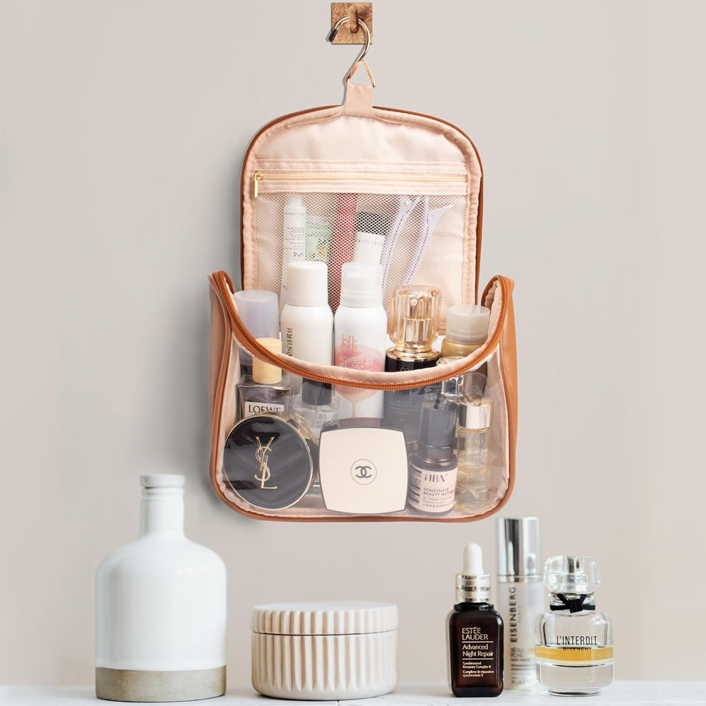 Clear Makeup Bag with Hanging Hook Toiletry Bag Traveling Accessories Organizer Brown