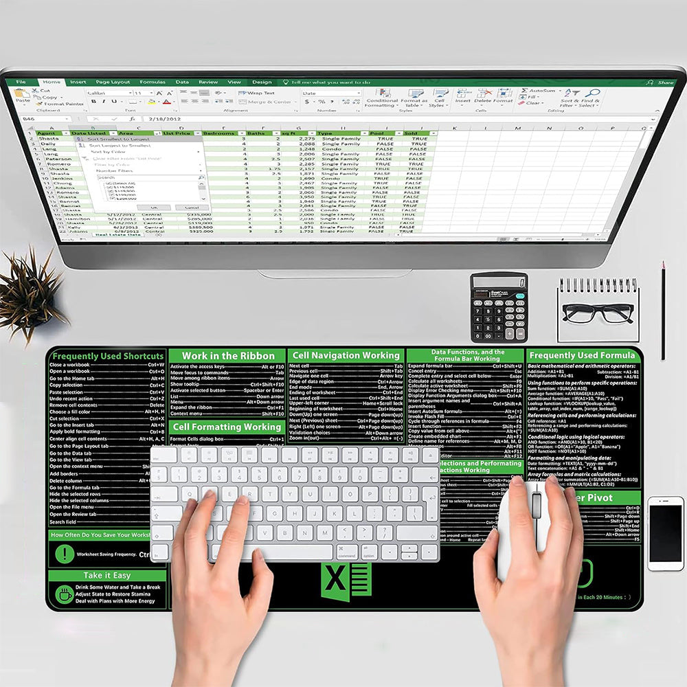 Excel Shortcuts Mouse Pad Keyboard Shortcut Mousepad Non-Slip Base Keyboard Mat